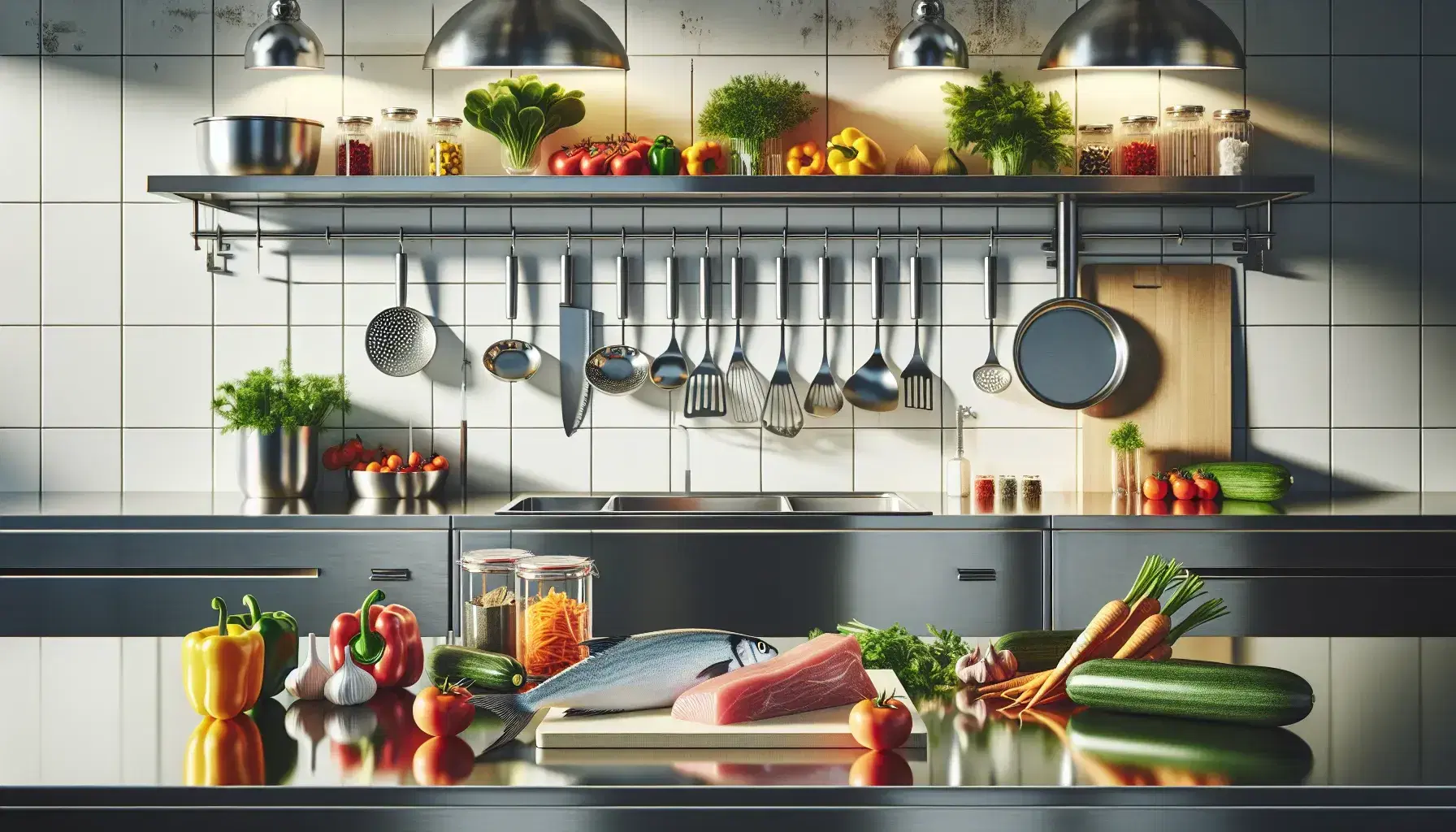 Cucina professionale luminosa con alimenti freschi su tavolo in acciaio, utensili appesi, ispettore in uniforme e frigorifero industriale.