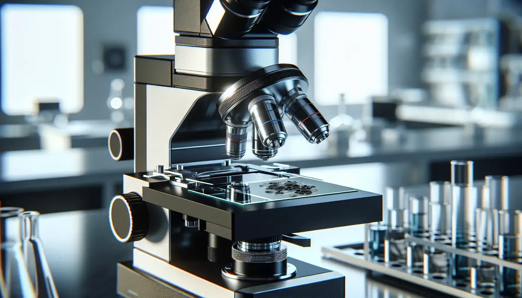 Microscopio óptico moderno enfocado en objetivos y platina con portaobjetos y muestra biológica en laboratorio de tonos blancos y grises.