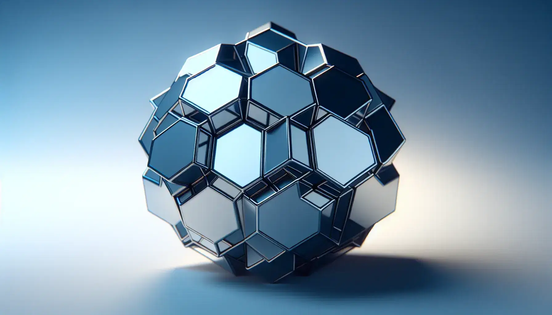 Shiny metallic dodecahedron with reflective pentagonal faces, sharp edges, and subtle shadows against a gradient blue background.