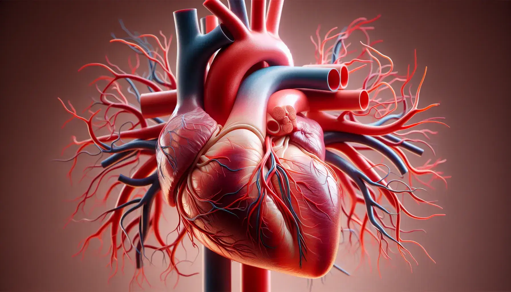 Modelo anatómico detallado del corazón humano en corte, mostrando cámaras internas, válvulas y red de arterias y venas en colores diferenciados.