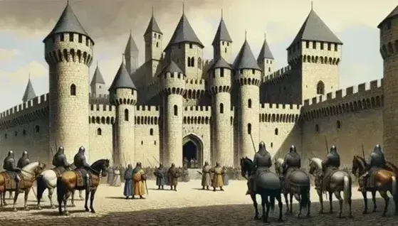 Medieval fortress with high walls, conical turrets, cobbled courtyard and chapel, knights in armor under blue sky.
