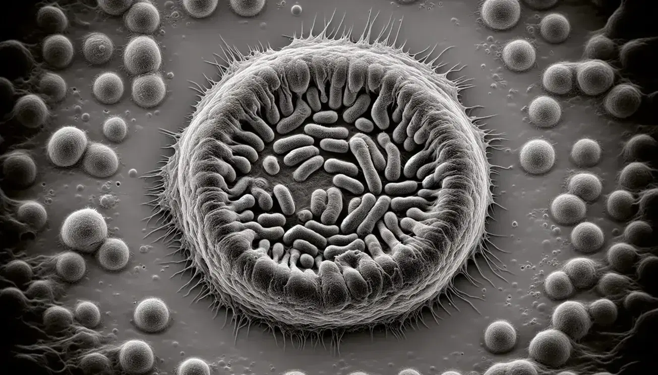 Célula en mitosis con cromosomas alineados en metafase, rodeada de fondo gris uniforme en micrografía electrónica de alta resolución.