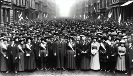 Historic black and white photograph of a women's suffrage parade with men and women in period dress marching to show solidarity.