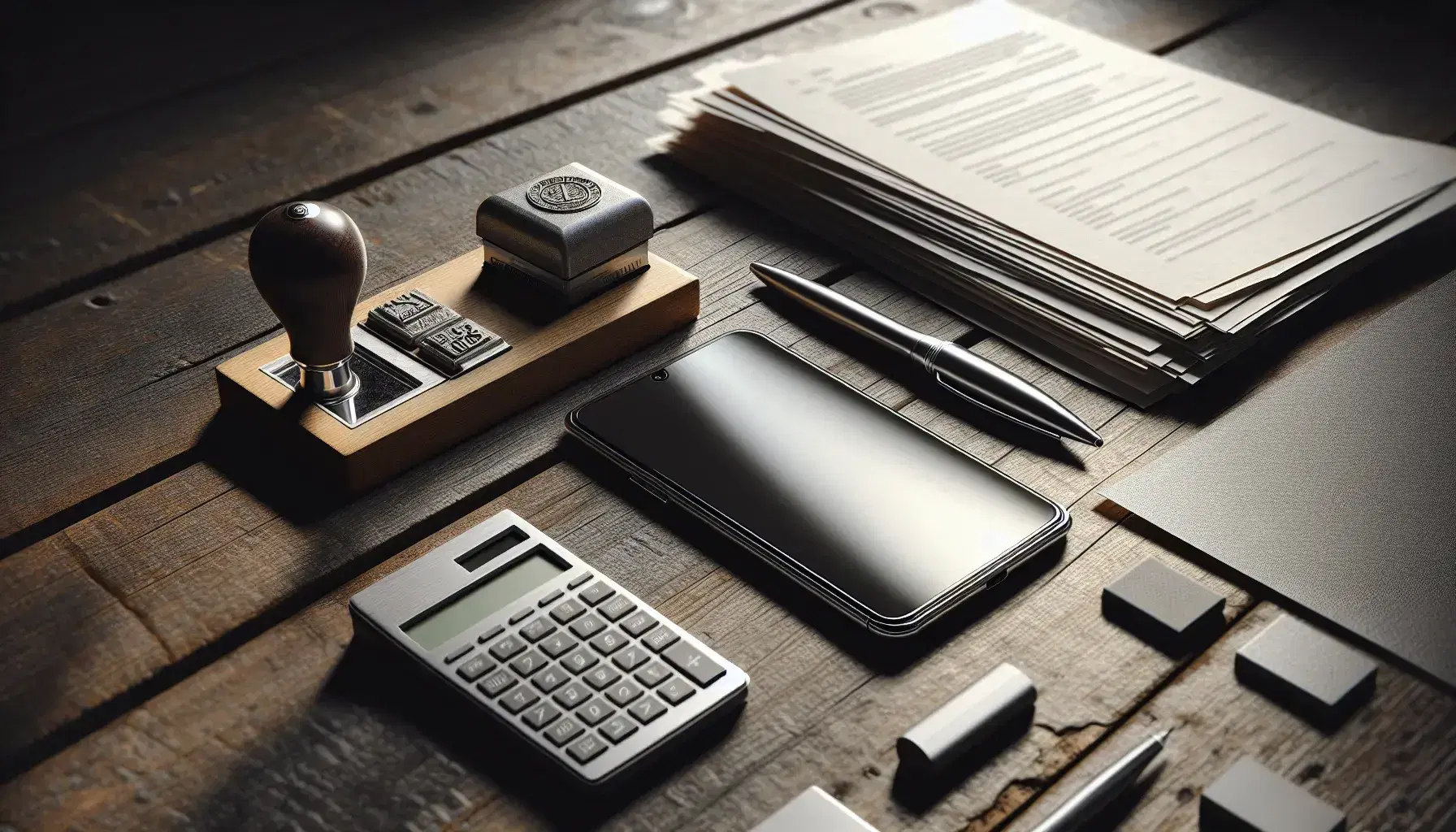 Mesa de madera oscura con papeles en blanco, bolígrafo metálico, sello de goma, almohadilla de tinta negra, calculadora apagada y smartphone boca abajo.