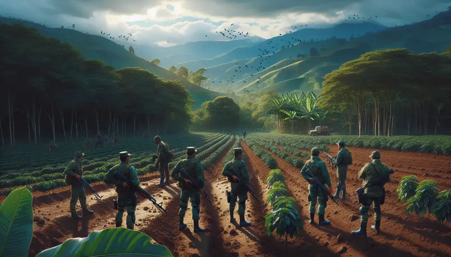 Paisaje rural colombiano con campo cultivado y hombres armados en camuflaje patrullando, bordeado por árboles y montañas al fondo bajo cielo azul.
