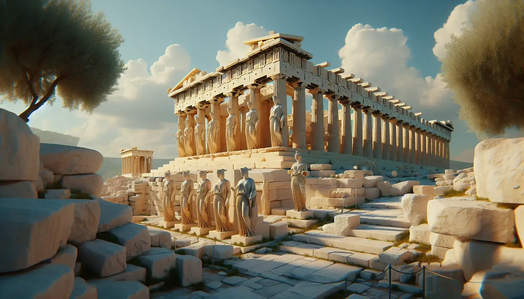 Reconstrucción tridimensional de la Acrópolis de Atenas con el Partenón y el Erecteión con caryatides bajo un cielo azul, rodeados de vegetación y escalinatas de piedra.