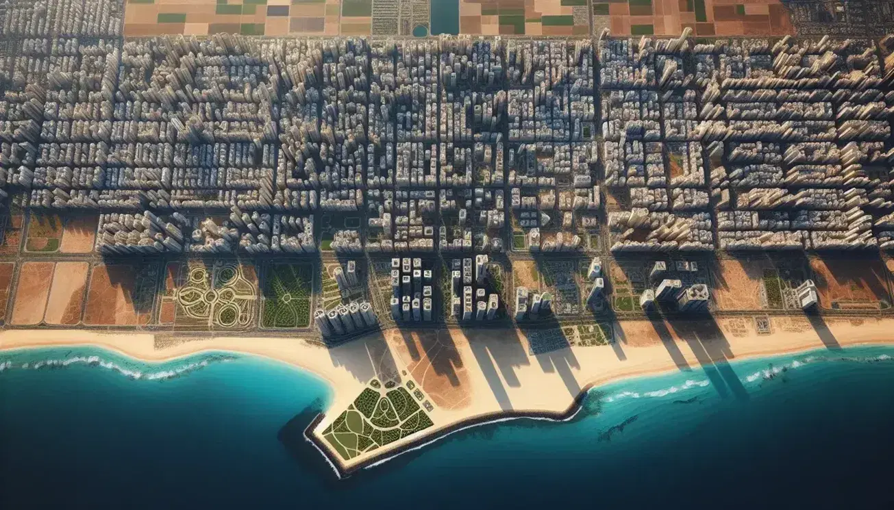 Vista aérea de ciudad costera con patrón de cuadrícula, edificios de distintas alturas, áreas verdes dispersas y franja de playa arenosa.