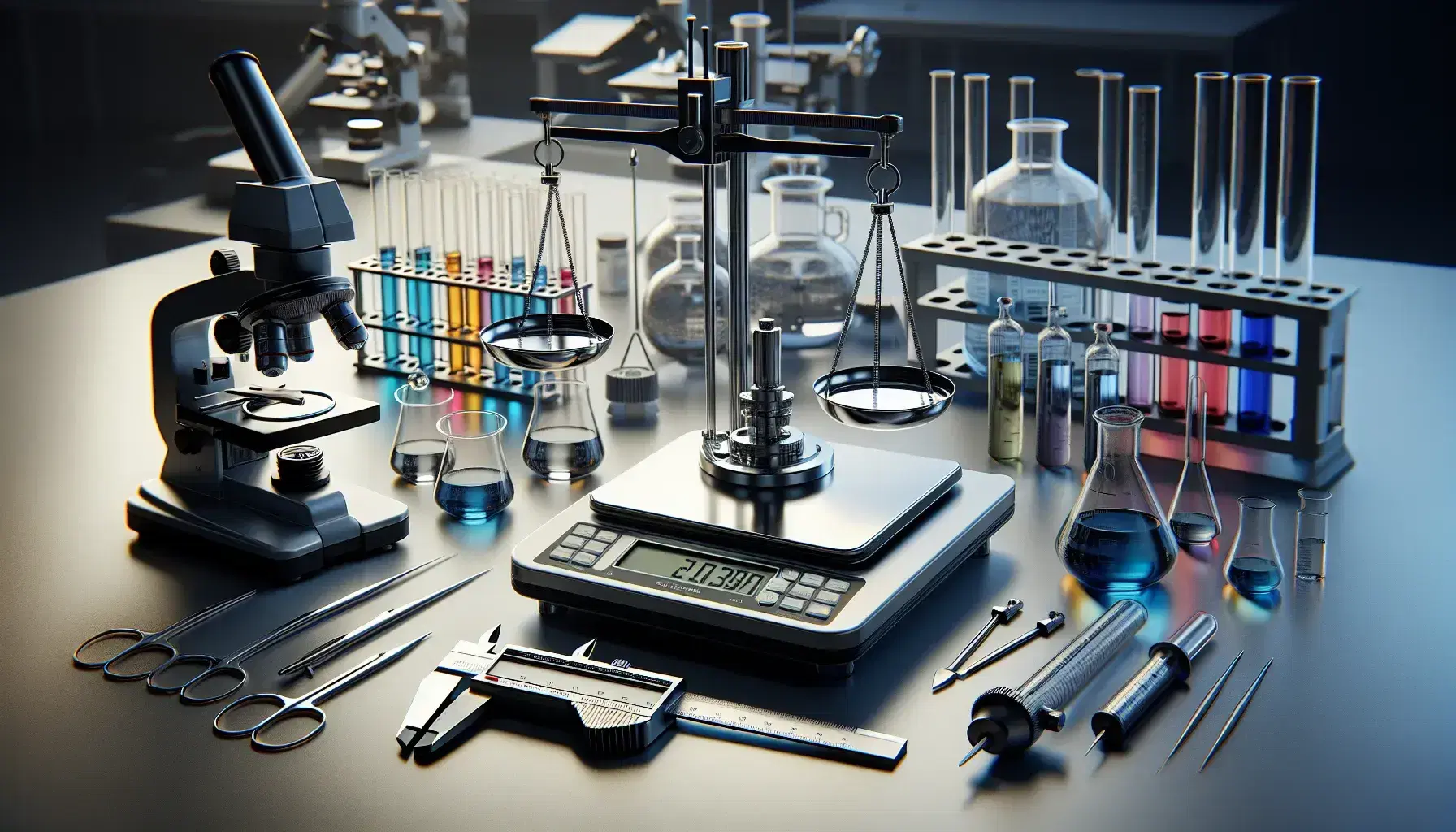 Strumentazione scientifica in laboratorio con bilancia analitica, calibro, cilindro graduato con liquido blu, microscopio e provette colorate.