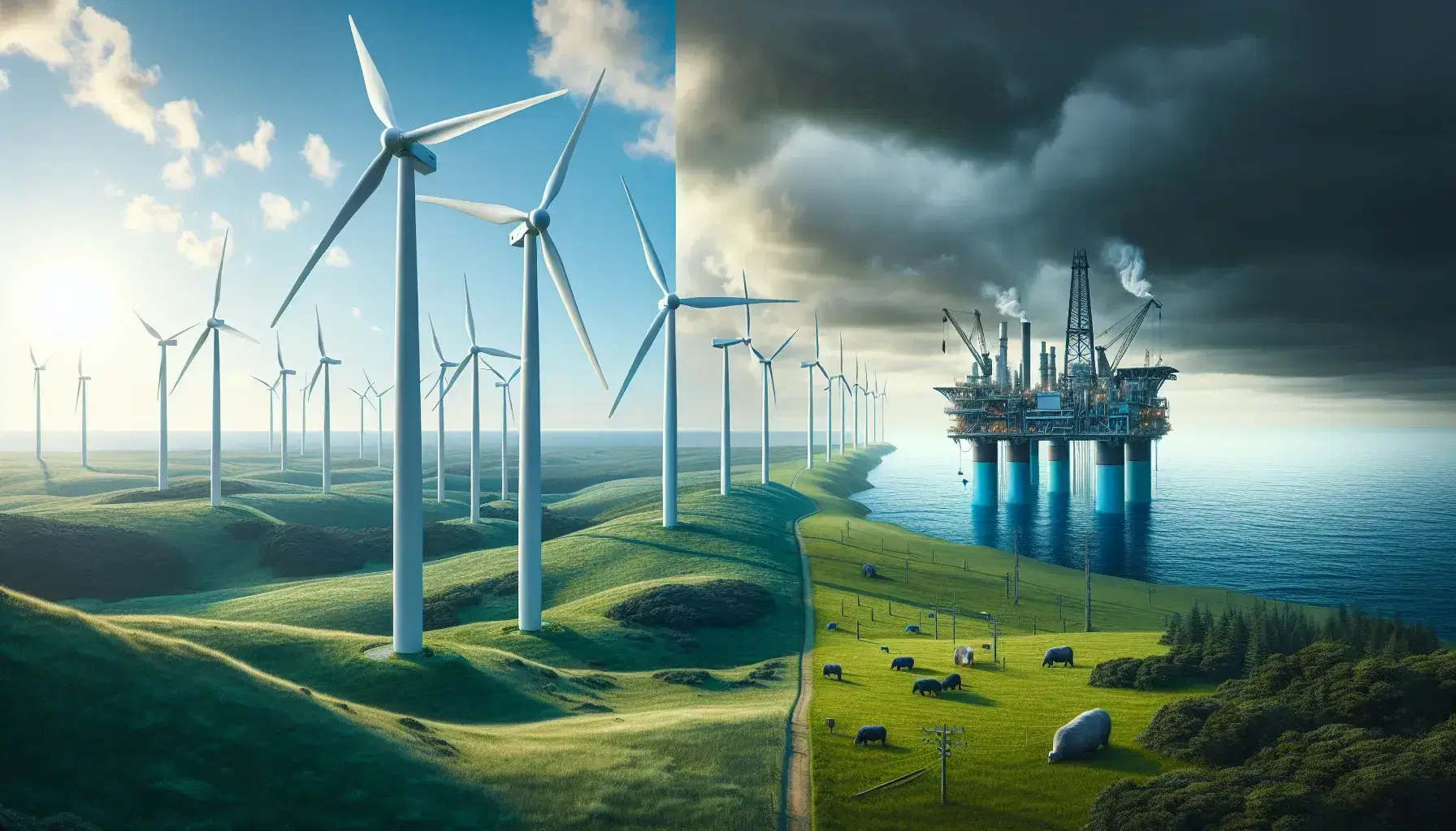 Paesaggio naturale diviso in due: a sinistra, campo di turbine eoliche su terreno erboso; a destra, piattaforma petrolifera offshore.
