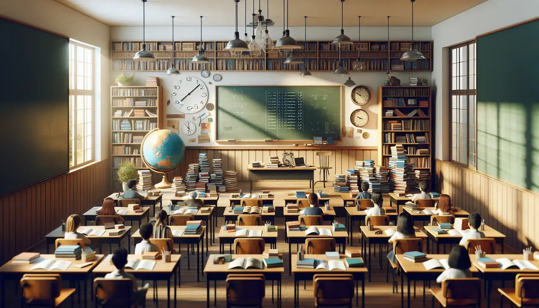 Aula luminosa con mesas y sillas en semicírculo enfocadas hacia pizarra en blanco, estudiantes participando y libros sobre mesa central, globo terráqueo y relojes de zonas horarias en fondo.