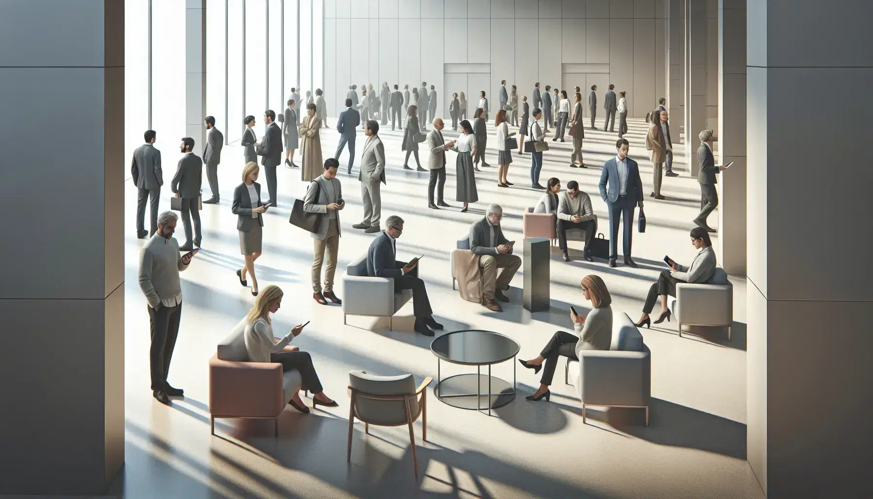 Grupo diverso de personas en espacio público moderno con iluminación natural, utilizando dispositivos móviles y conversando, sin marcas visibles.