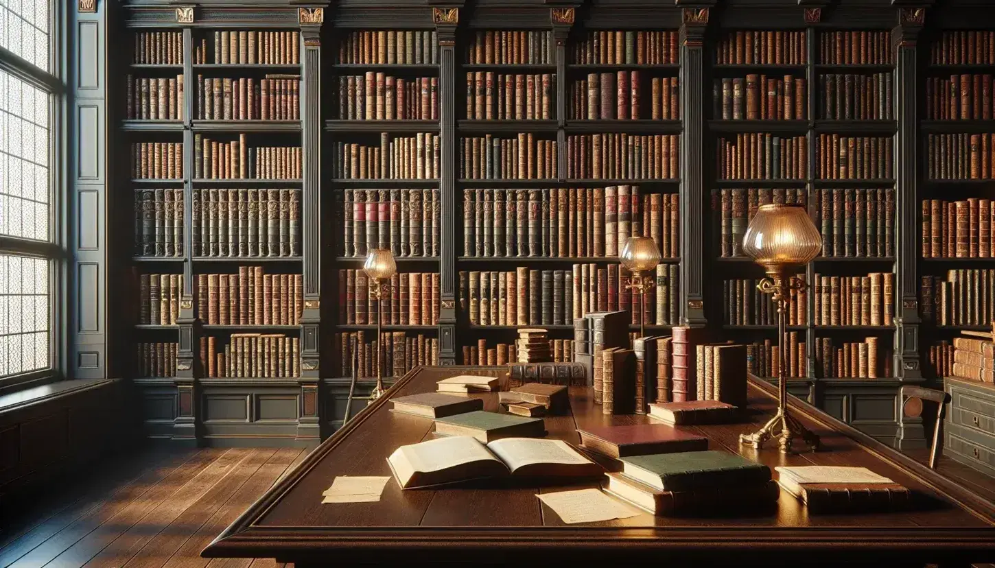 Biblioteca antica con scaffali in legno scuro pieni di libri rilegati, tavolo con libri aperti e lampade vintage che diffondono luce calda.