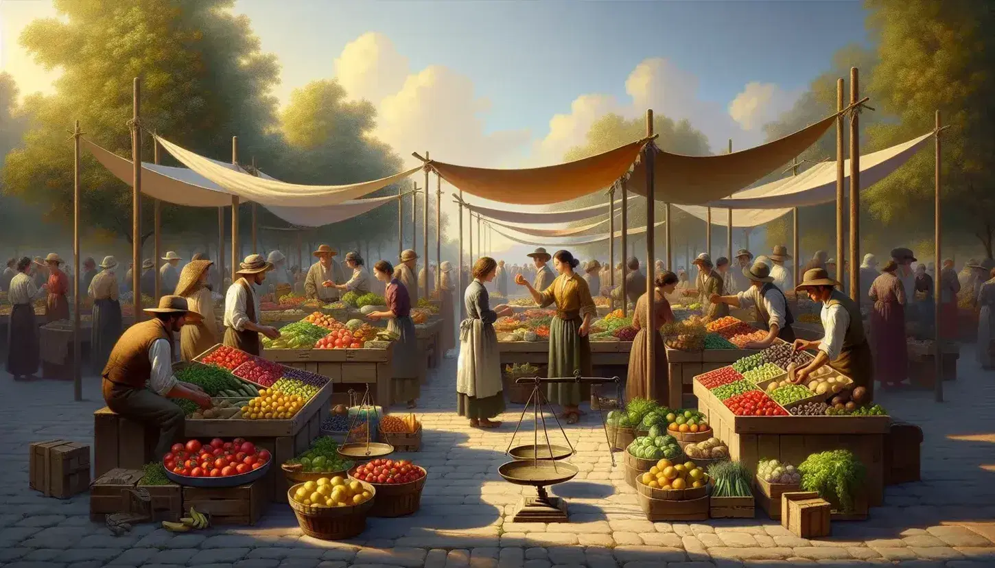 Mercado al aire libre con puestos de madera y toldos coloridos vendiendo frutas y verduras frescas, con personas interactuando en un día soleado.