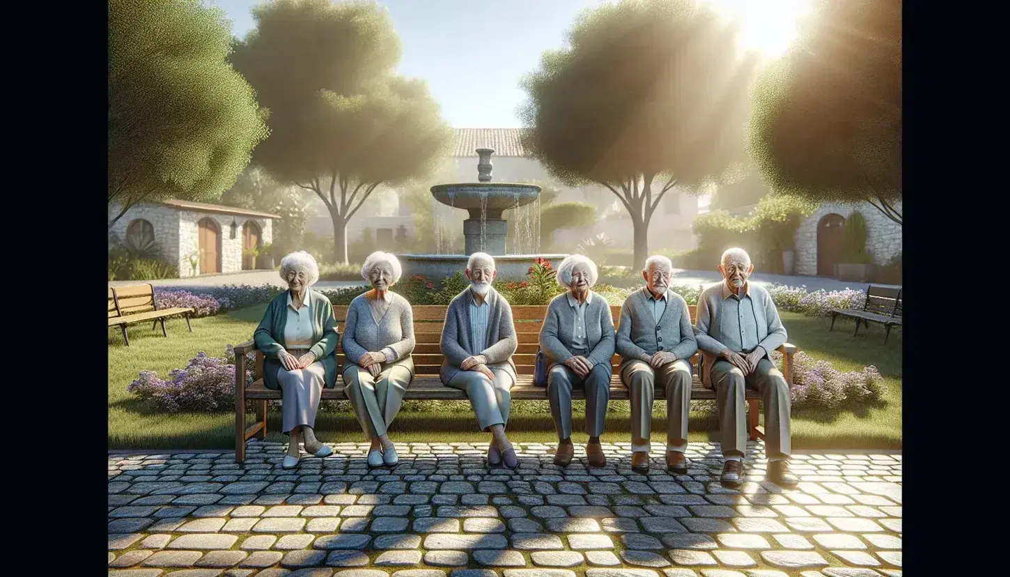Elderly friends enjoy a sunny day on a park bench, surrounded by greenery and a stone fountain, reflecting a serene, technology-free atmosphere.