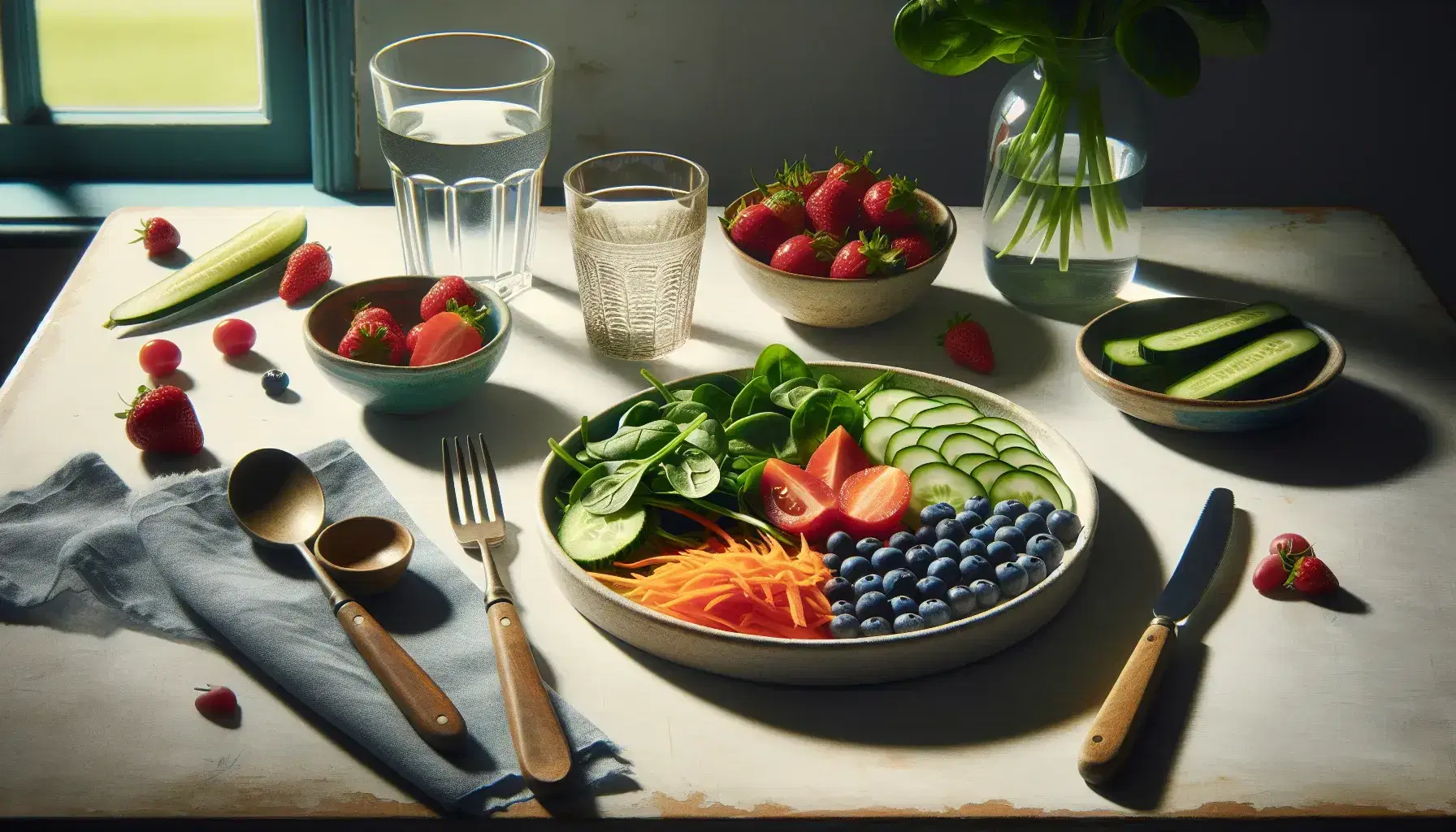 Mesa de madera clara con ensalada fresca en plato blanco, cuenco de frutos rojos, botella y vaso de agua, cubiertos y plantas al fondo.