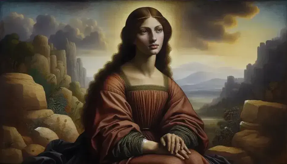 Mujer renacentista sentada con manos cruzadas sobre el regazo, pelo castaño y velo, sonrisa sutil y mirada profunda, ante paisaje montañoso y cielo brumoso.