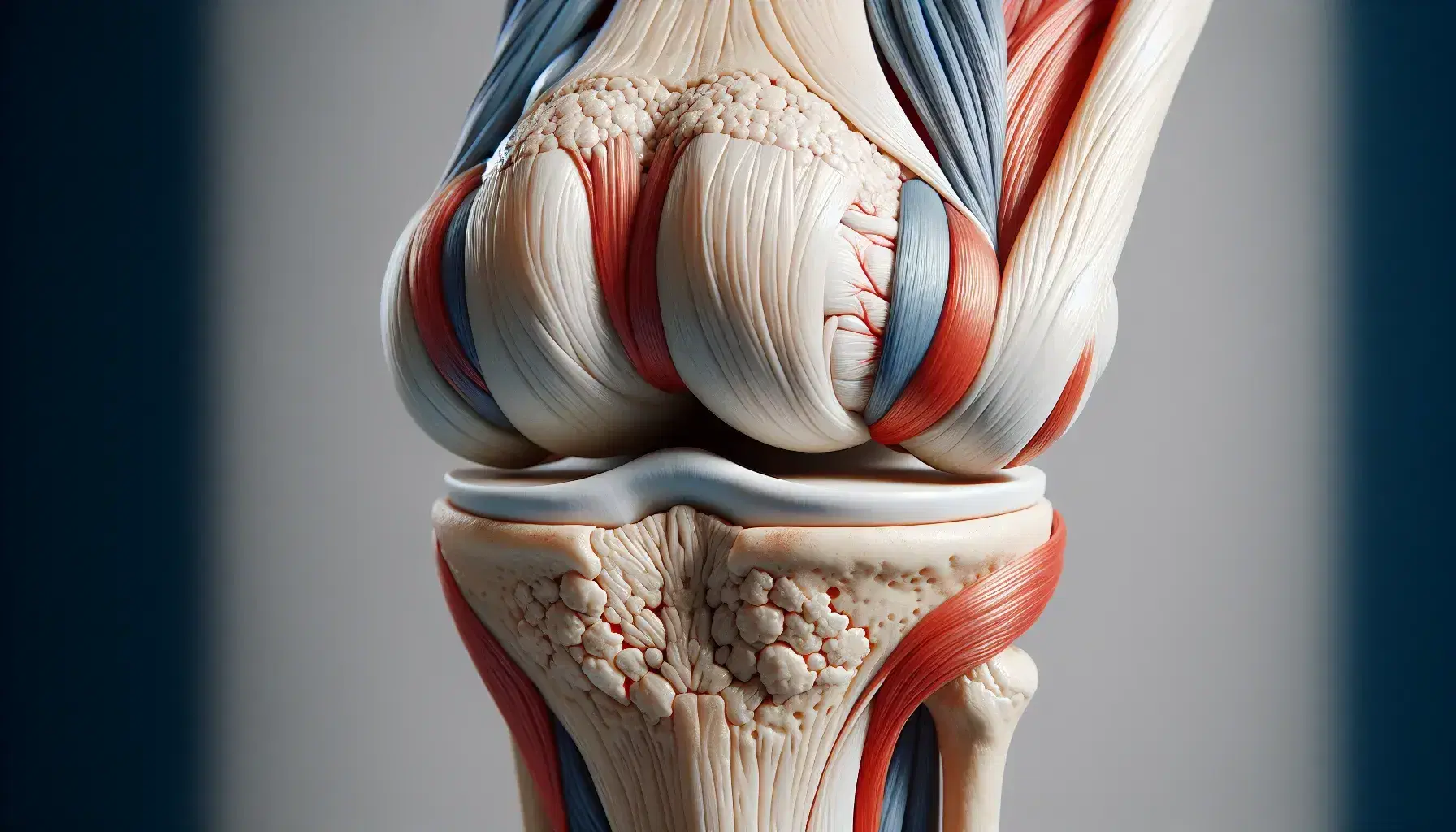 Modello anatomico dettagliato del ginocchio umano con femore, rotula e tibia, e strutture muscolari e legamentose in evidenza.