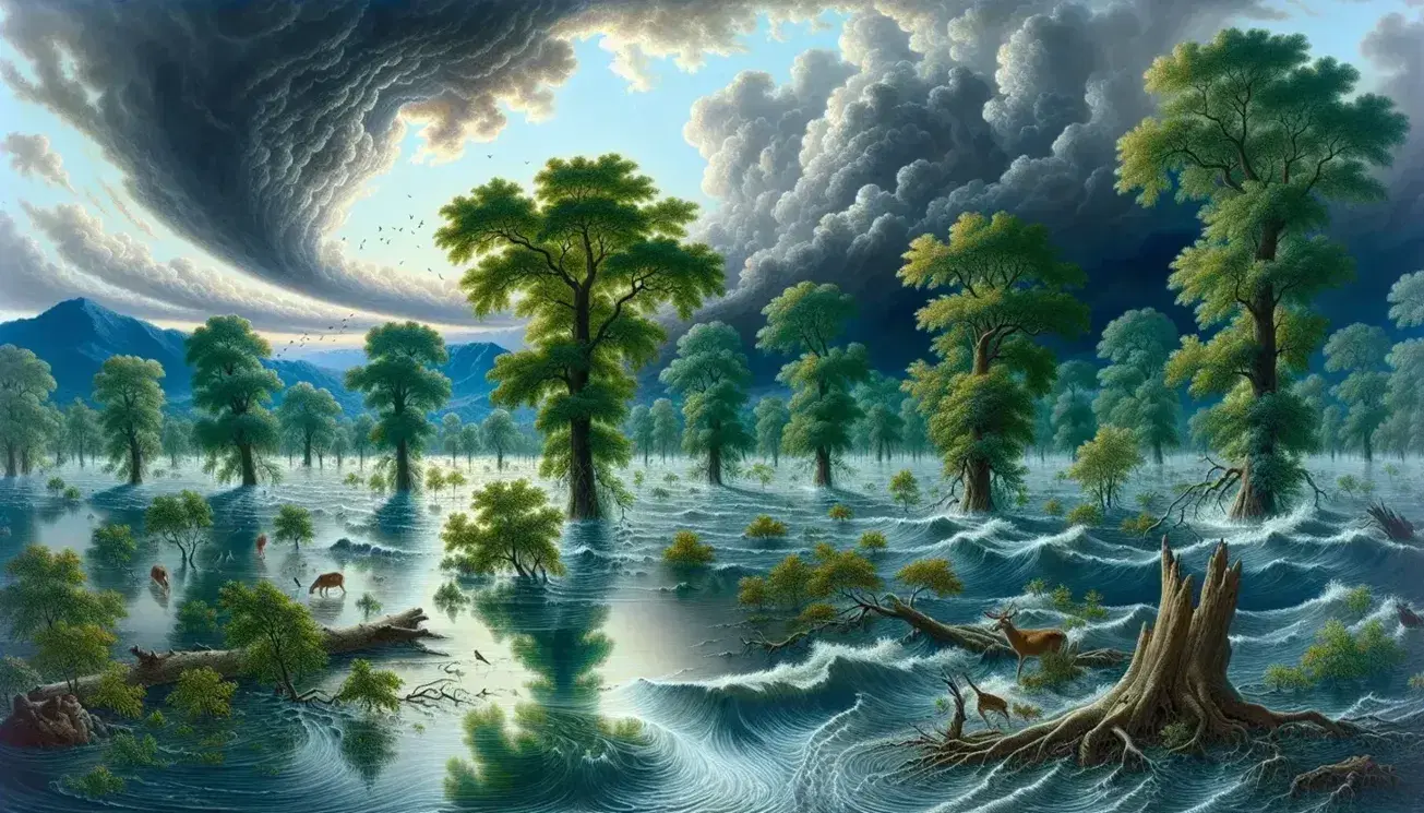 Natural landscape with a flooded river, submerged trees, stormy clouds and fleeing animals, without human presence.