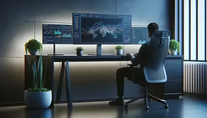 Modern office environment with black desk and monitors showing colorful graphs, gray ergonomic chair and green plant. Professional and calm atmosphere.
