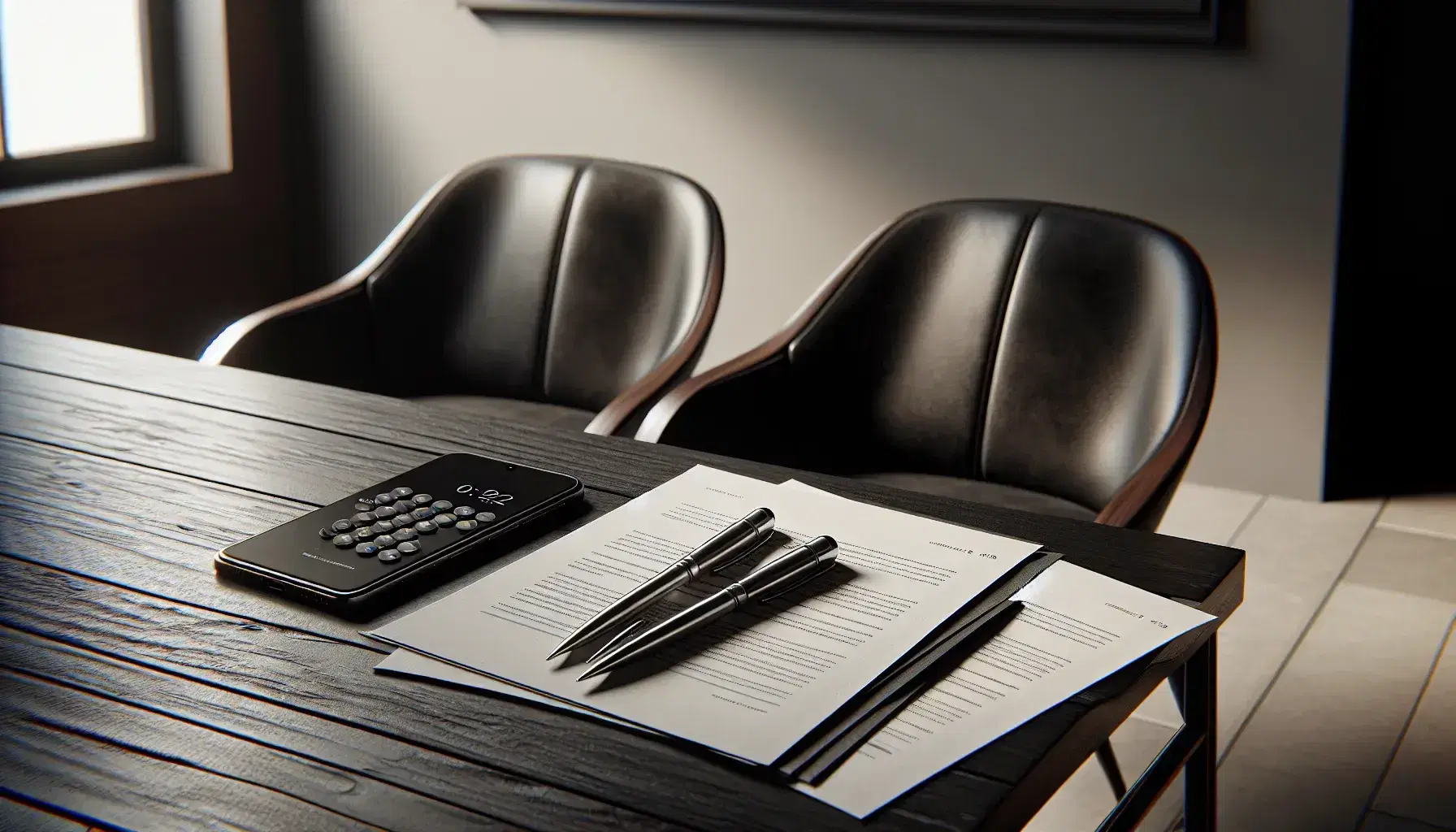 Mesa de madera oscura con dos sillas de estilo contemporáneo y asientos de cuero negro, documentos blancos, bolígrafos metálicos cruzados, smartphone y calculadora científica.