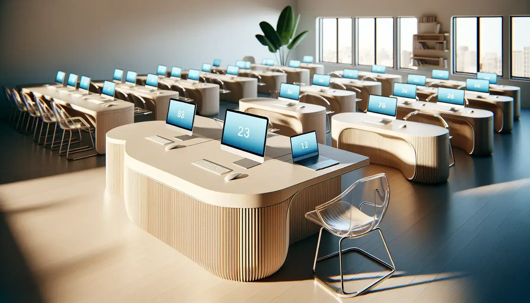 Modern and bright classroom with teacher's semicircular desk, acrylic chair, student desks with closed laptops and turned off smartboard.