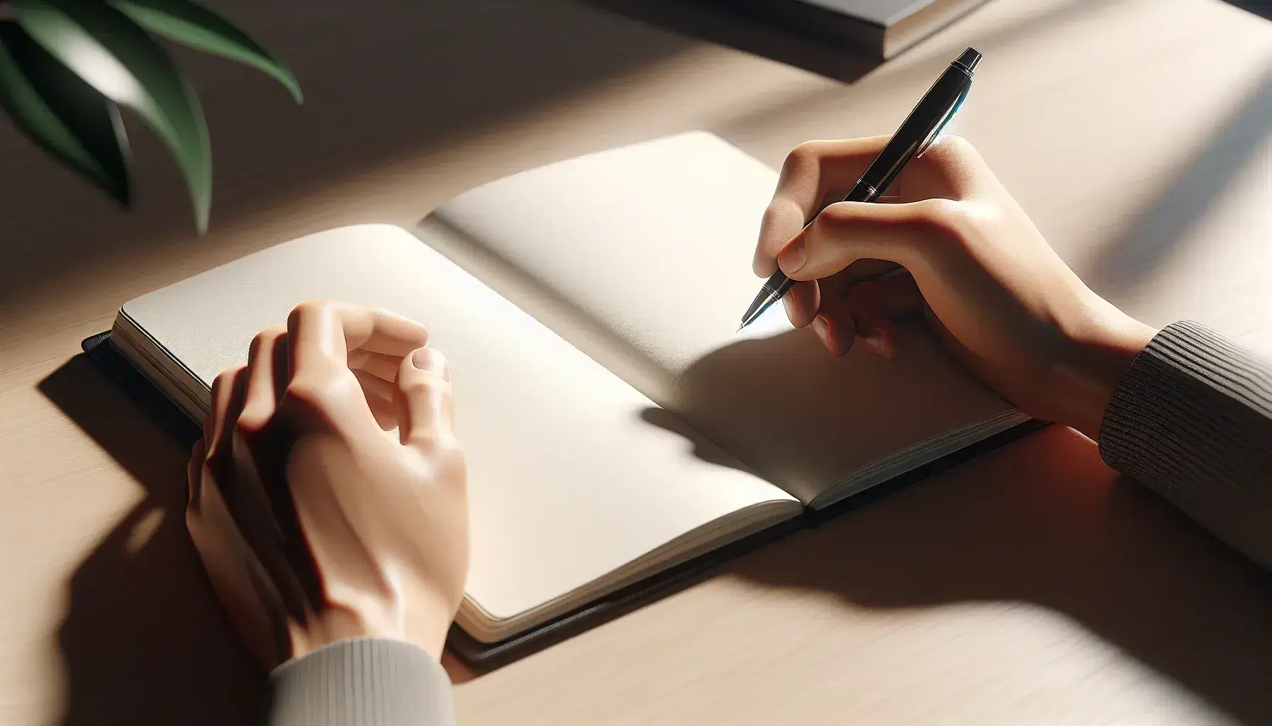 Close-up view of hands holding a glossy black and silver pen over a blank notebook on a light wooden table, with a blurred green plant in the background.