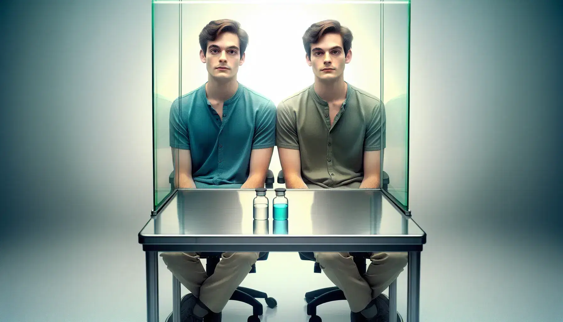 Identical twins sitting in clinical setting with glass partition and beakers on table, reflecting genetic studies and scientific research.