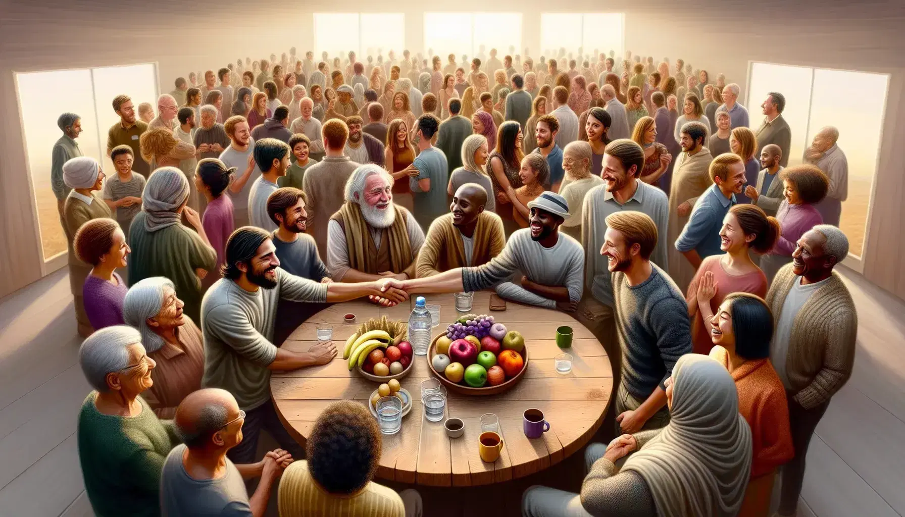 Grupo diverso de personas interactuando amigablemente en un espacio acogedor con mesa de frutas y bebidas.