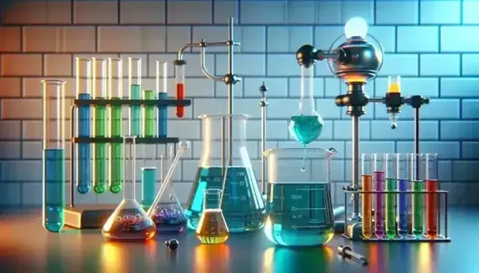 Scientific laboratory setup with a beaker of blue liquid, pipette with green liquid, test tubes in a rack, and a Bunsen burner heating an orange solution.