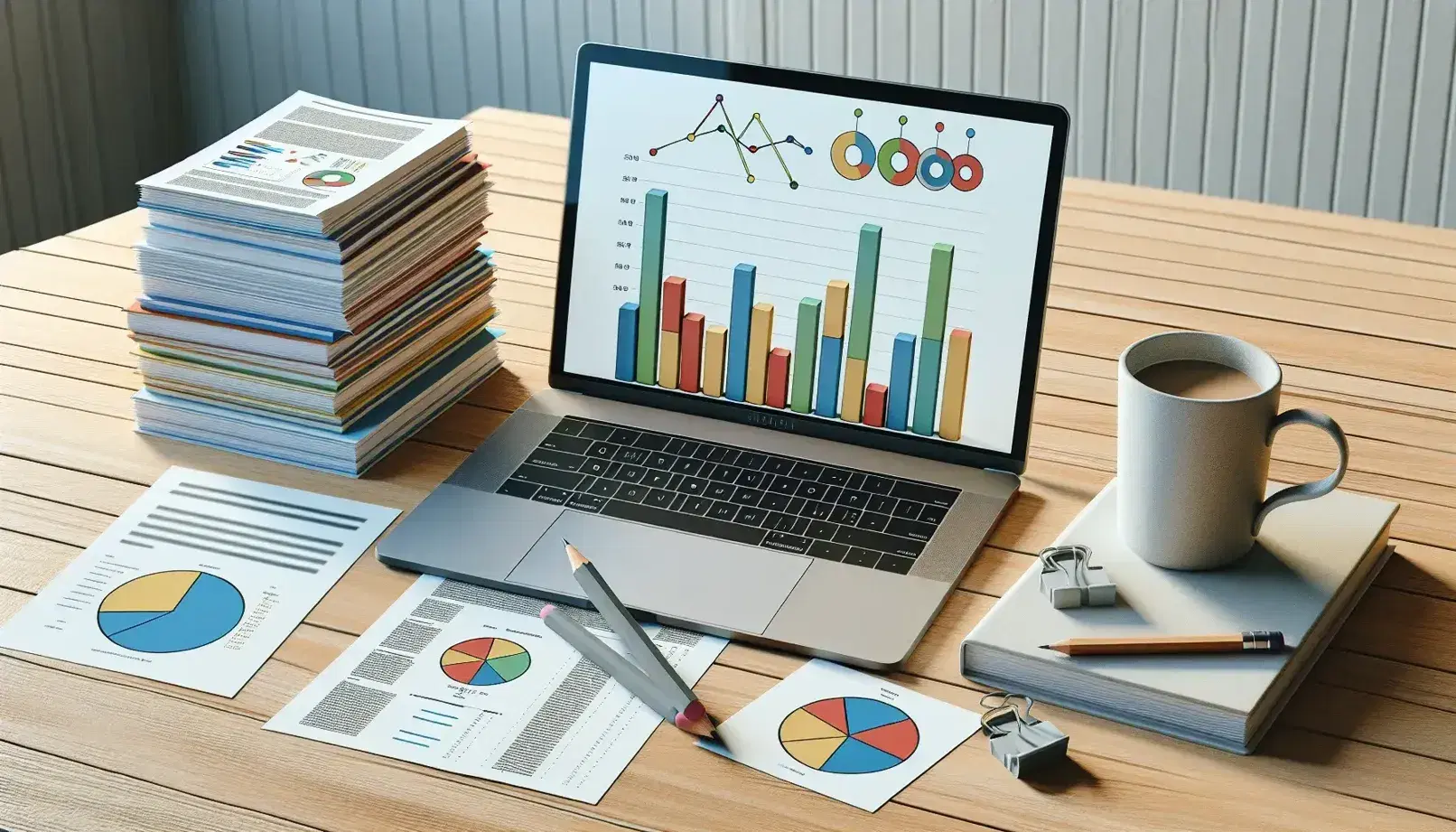 Escritorio de oficina con cuestionarios impresos, lápiz, gráficos 3D, laptop mostrando gráficos y taza de café humeante, elementos de investigación de mercado.