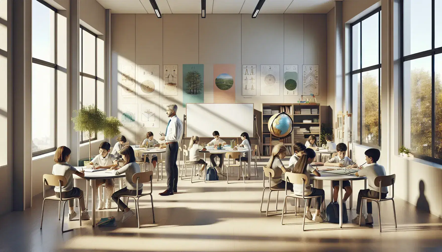Aula escolar luminosa con estudiantes de diversas edades colaborando en mesas redondas, educador asistiendo, paredes decoradas con pósteres y plantas verdes.