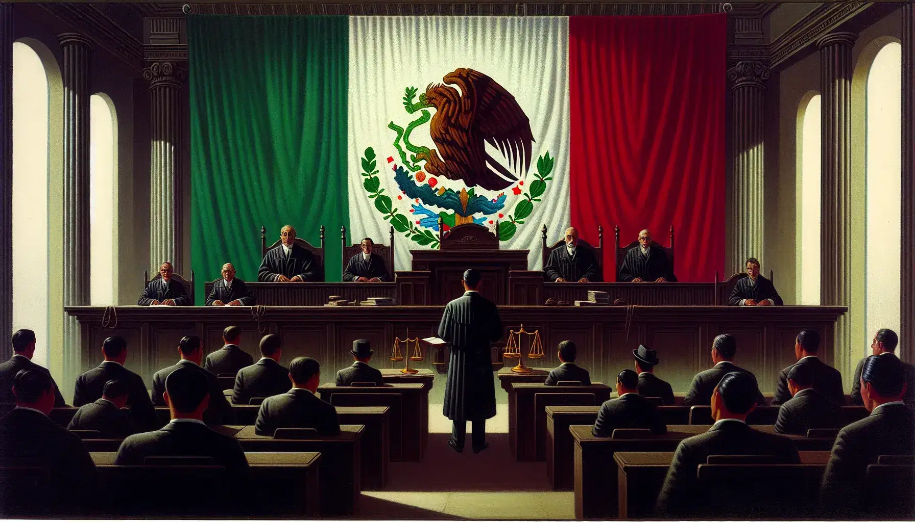 Escena de un tribunal con juez en toga negra, abogados en trajes oscuros, partes en atuendos claros y una balanza de la justicia en primer plano, bajo una bandera de México.