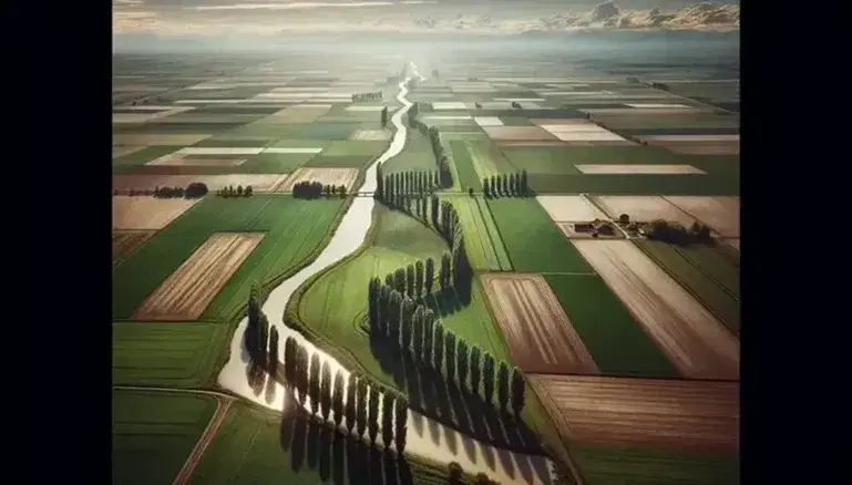 Vasta area della Pianura Padana con campi coltivati, corso d'acqua serpeggiante, fila di alberi e cielo azzurro con nuvole sparse.