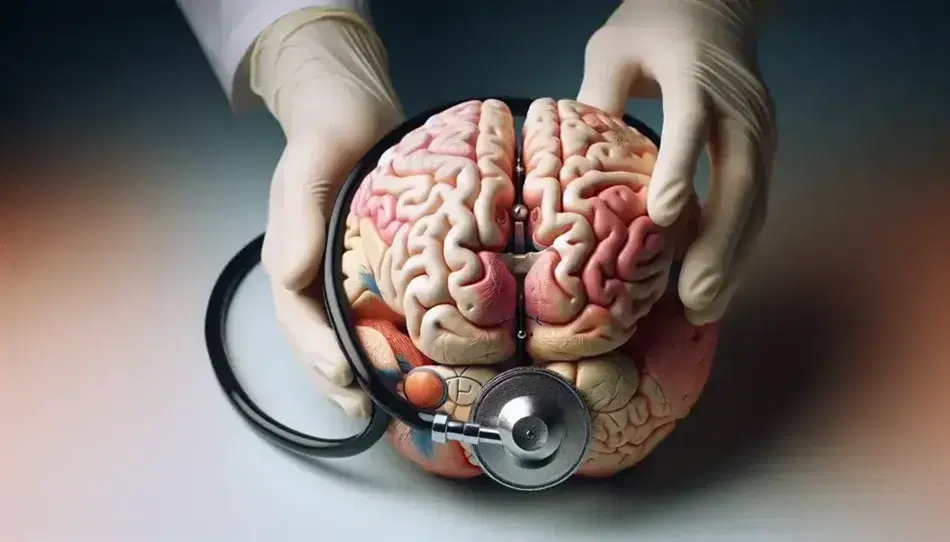Detailed anatomical model of dissected human brain with hands in gloves holding stethoscope on temporal lobe, blurred blue background.