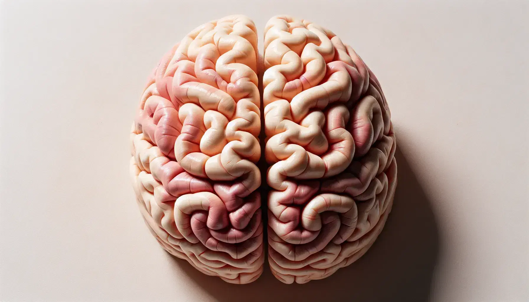Vista superior de un modelo anatómico tridimensional del cerebro humano, mostrando hemisferios y lóbulos cerebrales en tonos rosados y beige.