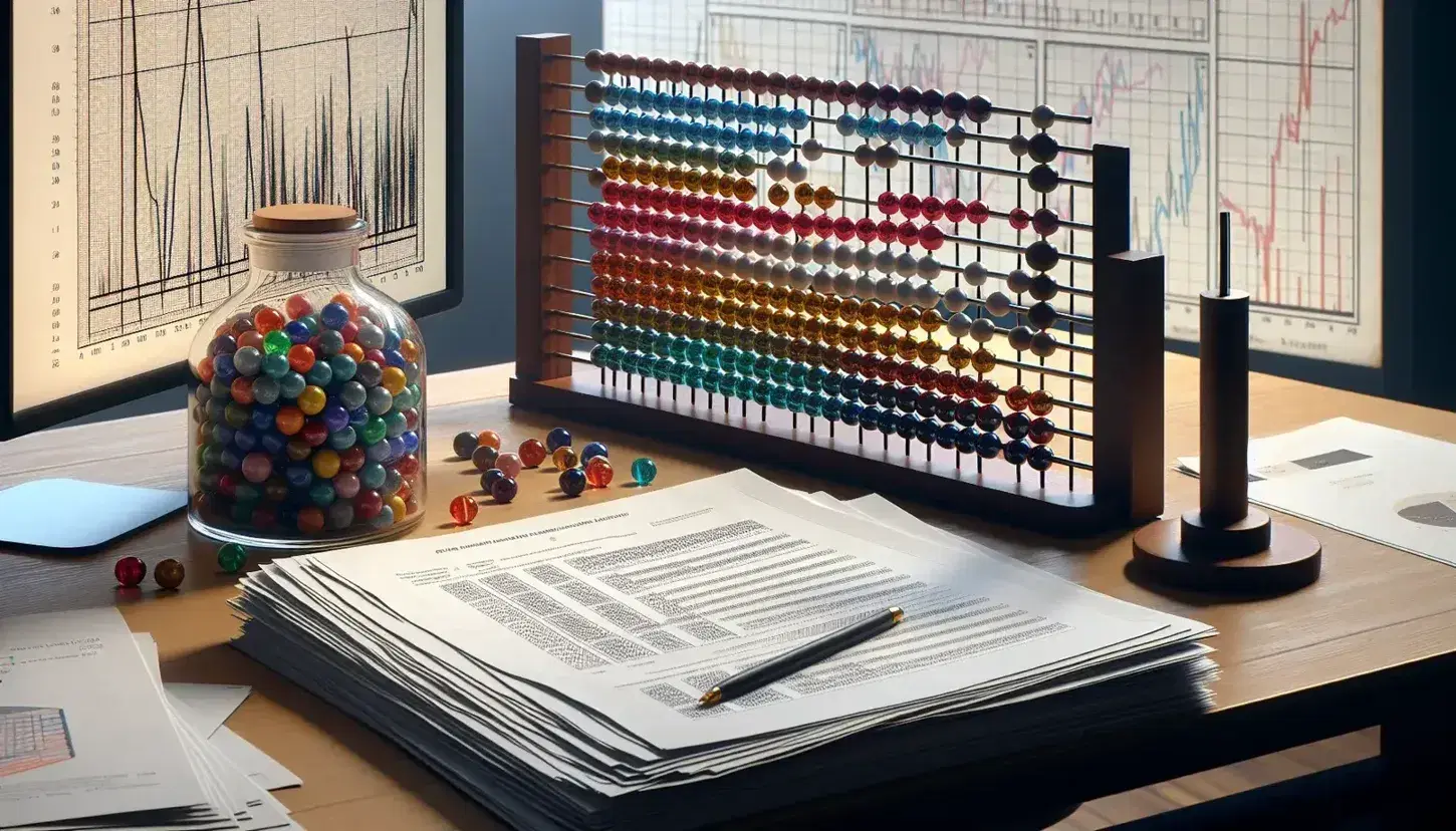 Close-up view of a psychologist's desk with a jar of colorful marbles, printed data charts, and a wooden abacus, in a softly lit room.