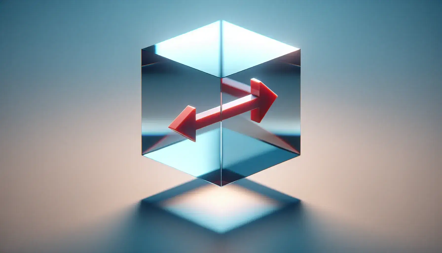 Transparent blue-tinted cube with a central red arrow piercing through, set against a gradient gray background with a subtle shadow below.