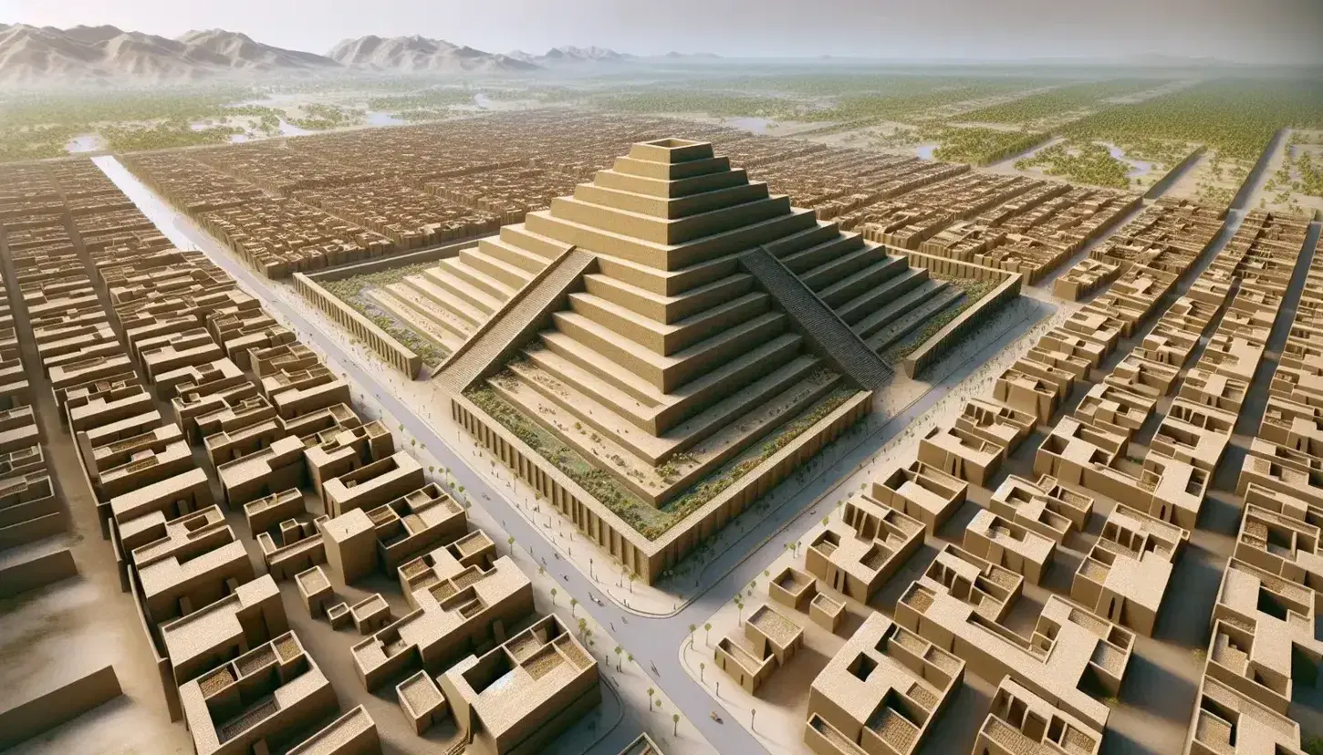 Veduta aerea di una città sumera ricostruita digitalmente con ziggurat centrale, strade rettilinee, edifici in mattoni d'argilla e fiume sinuoso.