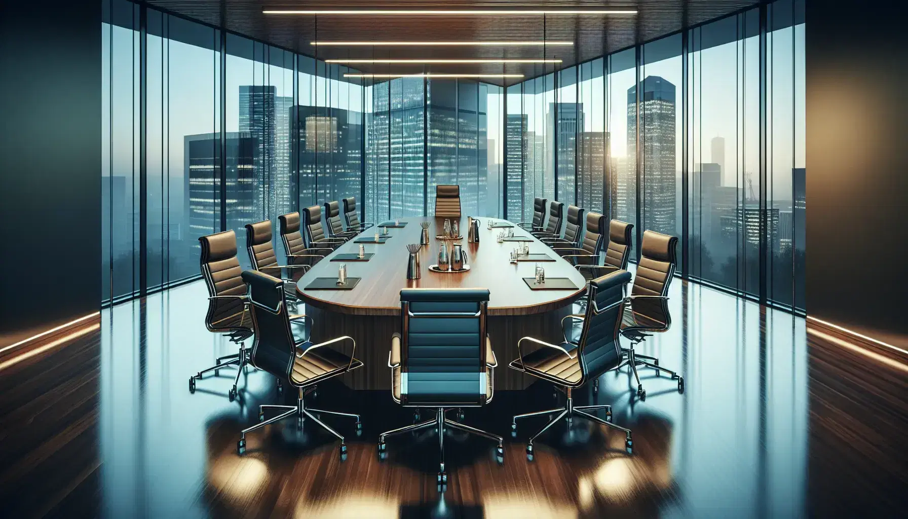 Modern boardroom with oval wooden table, black leather chairs, floor-to-ceiling windows showcasing a cityscape, and minimalistic decor.