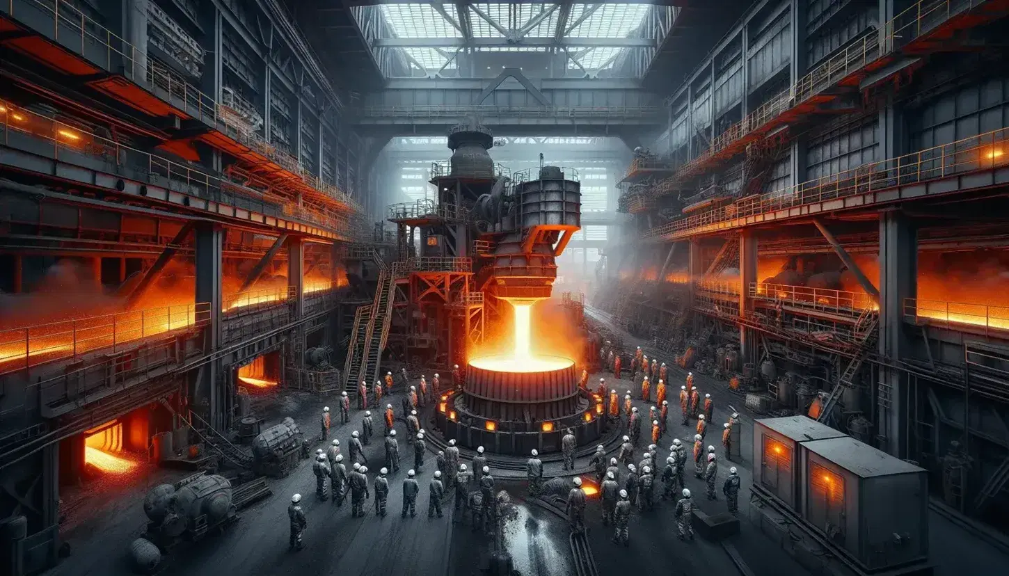 Operarios en fundición trabajando con acero fundido en horno industrial, iluminados por el resplandor naranja del metal líquido.
