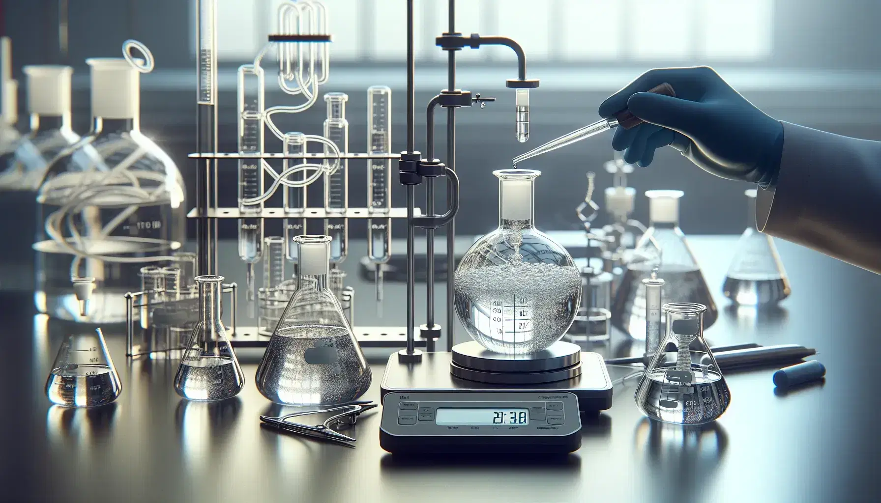 Scientific laboratory with test tubes and bottles for converting glucose to fructose, digital scale and pipette, hand with blue glove mixes reagents.