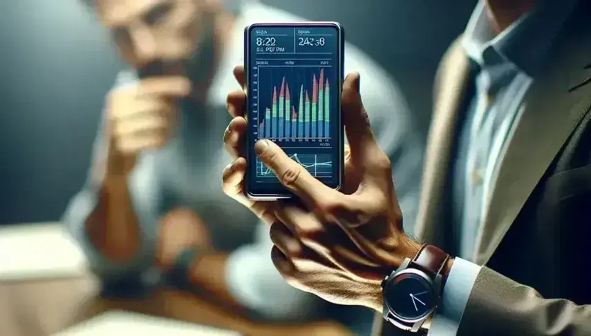 Mano sosteniendo dispositivo electrónico con gráficos de barras y líneas en pantalla, reloj de pulsera marrón visible, persona al fondo señalando el gráfico.