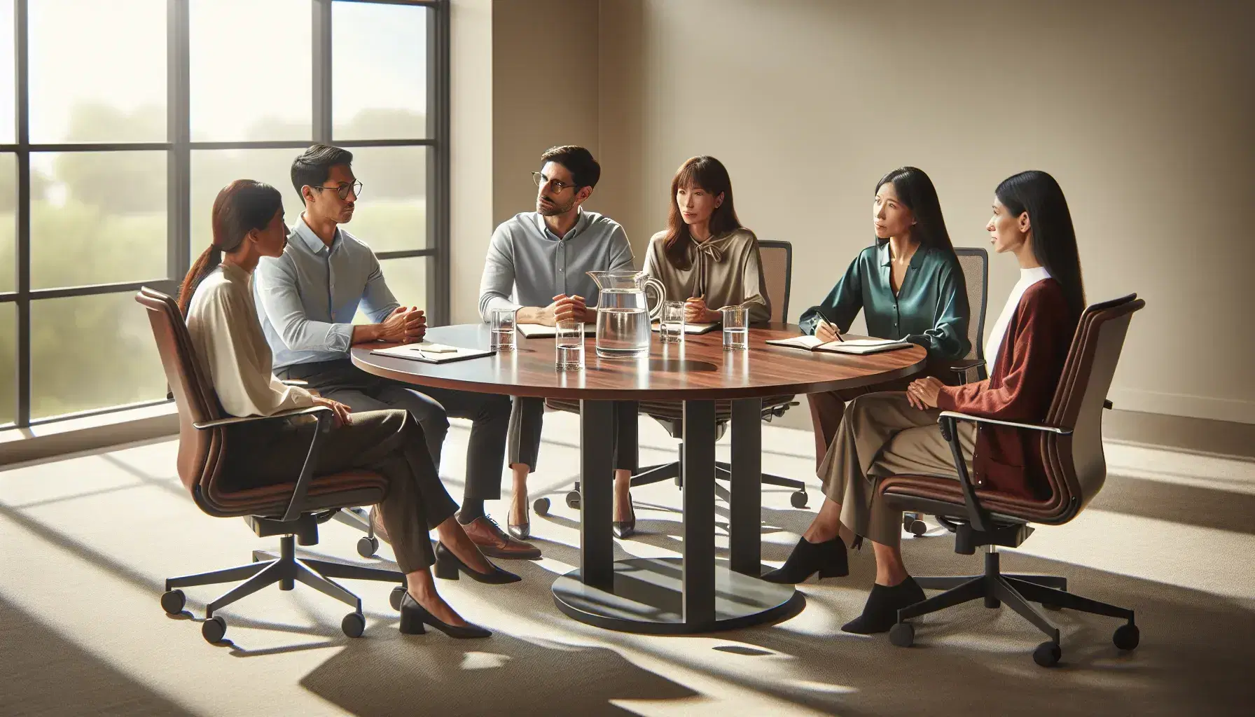 Five diverse professionals in a well-lit meeting room with a circular mahogany table, discussing with notepads, pens, and water glasses present.