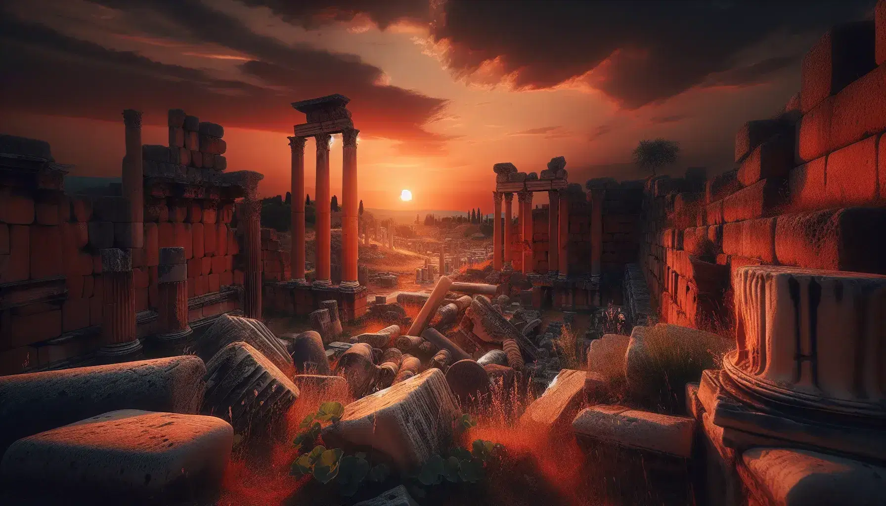 Rovine romane al tramonto con colonne erette e cadute, cielo arancione e rosso, piante selvatiche in primo piano e alberi scuri all'orizzonte.