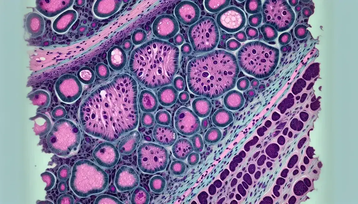 Micrografia elettronica a trasmissione di tessuto epiteliale colorato, con cellule adiacenti, nuclei in viola scuro e lamina basale in blu.