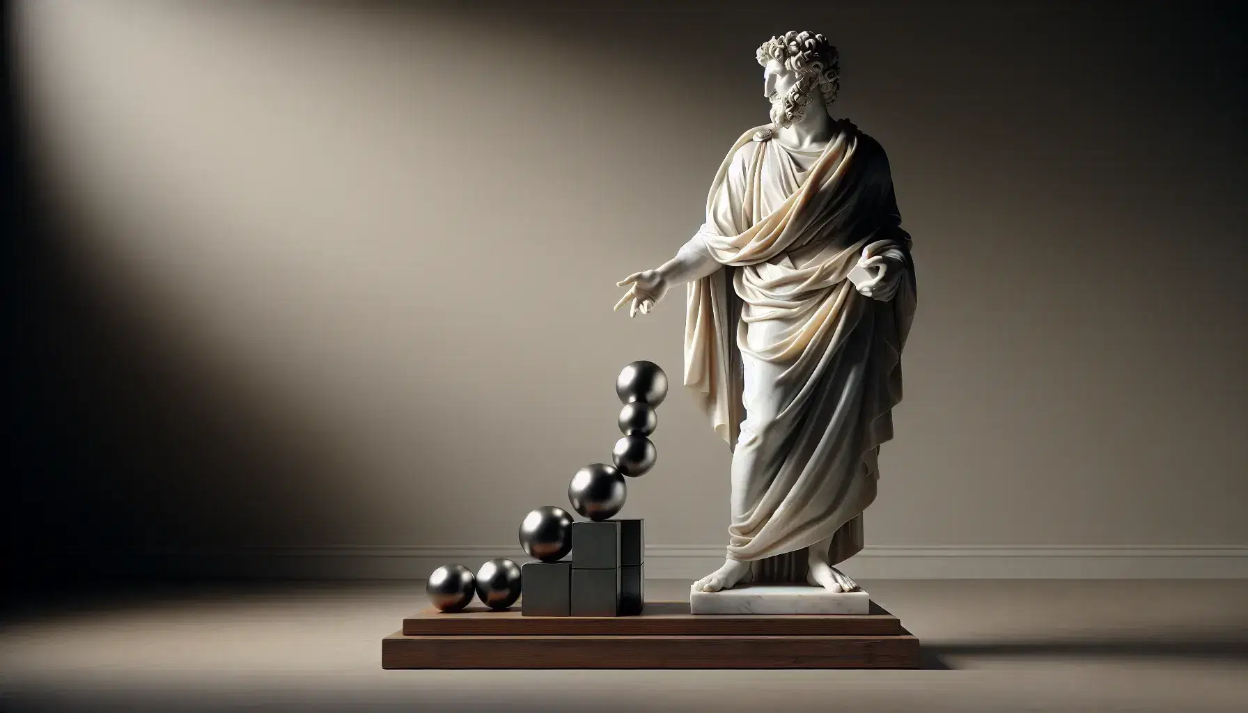 Estatua de mármol blanco de hombre barbudo con túnica y mano extendida junto a esferas metálicas en base de madera, iluminación suave a la izquierda.
