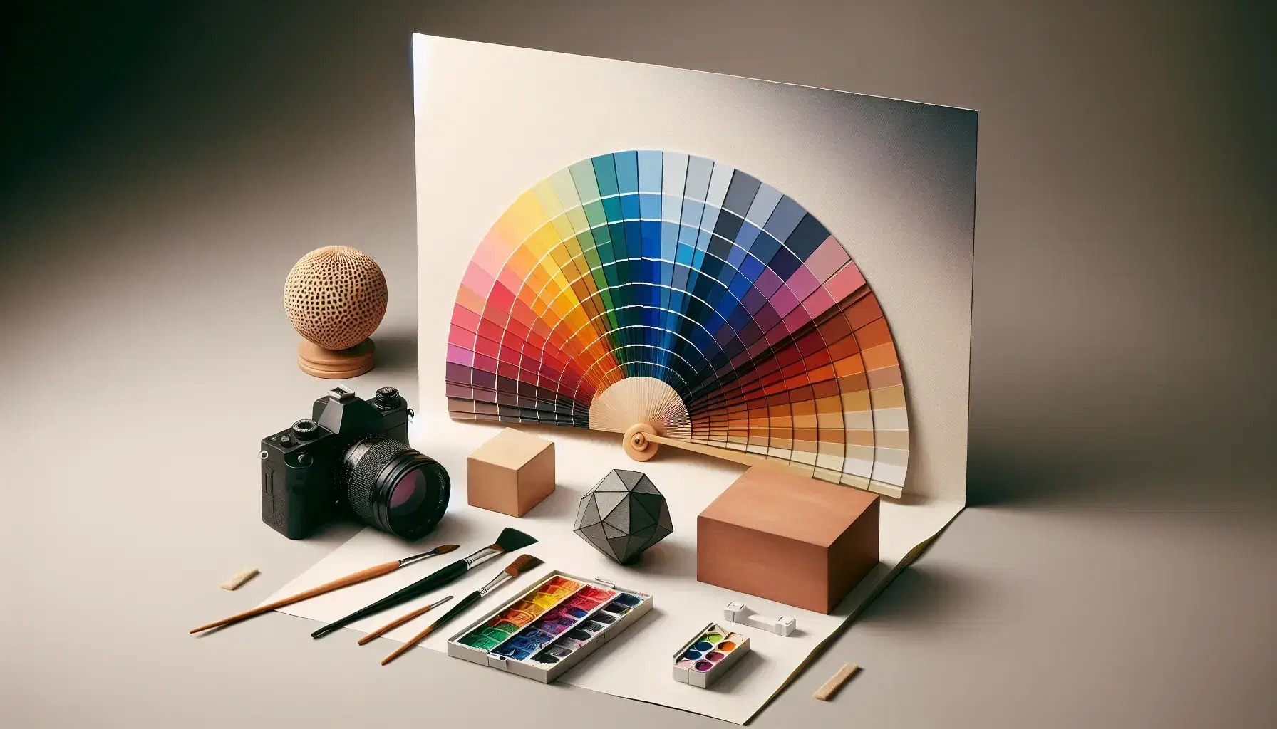 Paleta de colores en abanico con tonos variados, cámara profesional a la derecha, pinceles sobre papel de acuarela y figuras geométricas en fondo neutro.