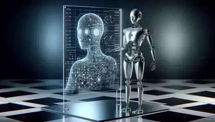 Shiny metal humanoid robot touches with his finger a luminous node on a transparent glass board with circuit board, on a checkerboard floor.