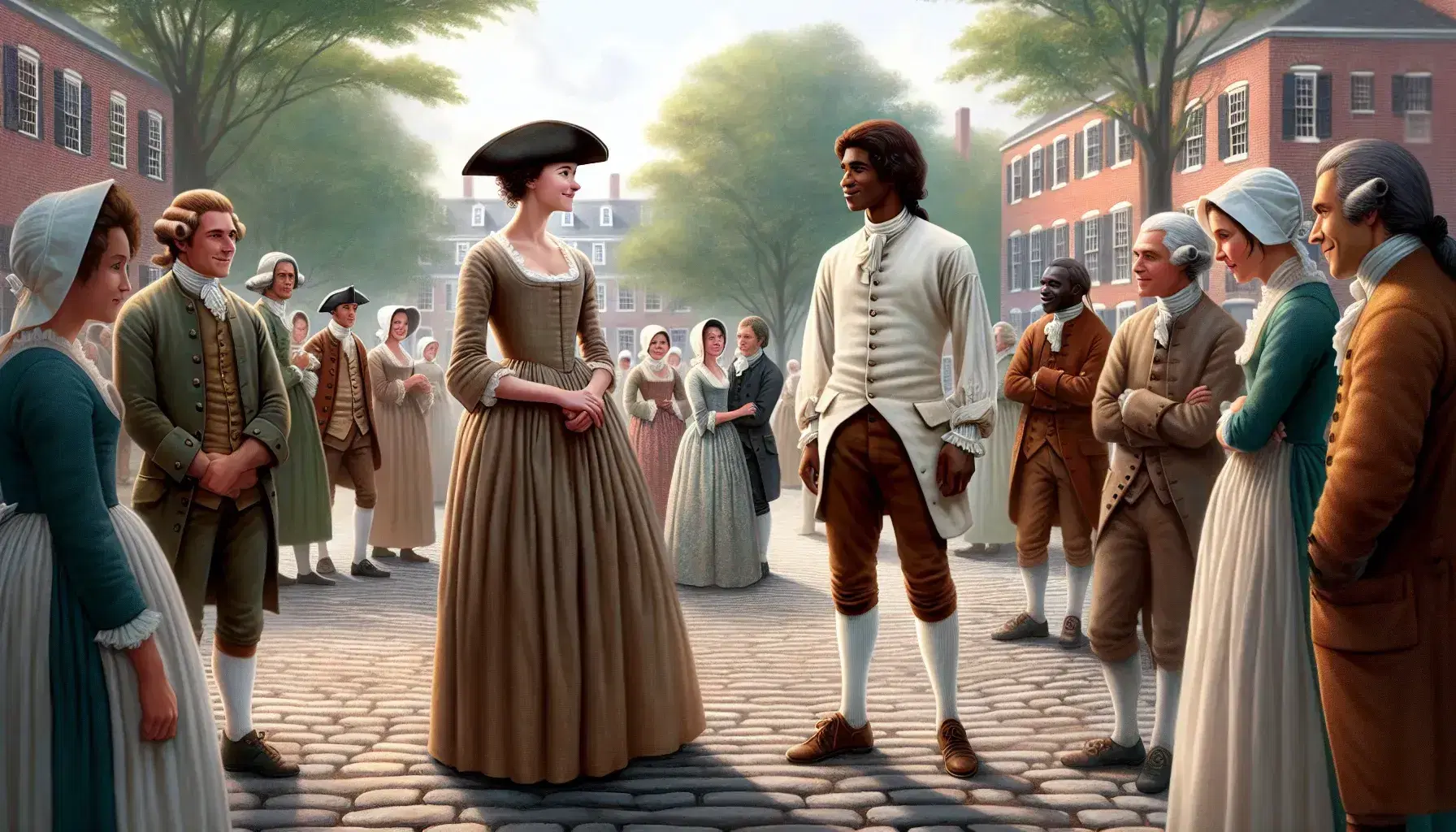 European woman in cream dress converses with African American man in plain clothes in American Revolutionary era public square, with colonial buildings.