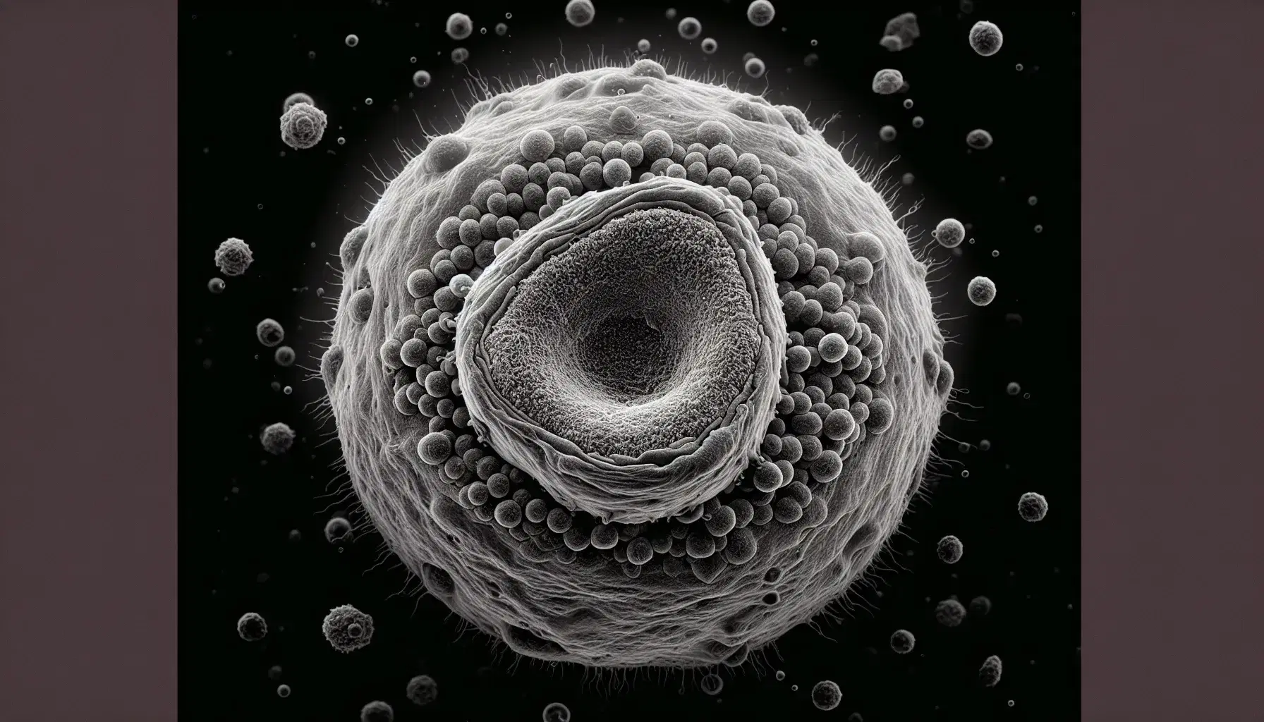 Micrografía electrónica de alta resolución de una célula eucariota con orgánulo central esférico, vesículas menores y fibras filamentosas en tonos de gris.